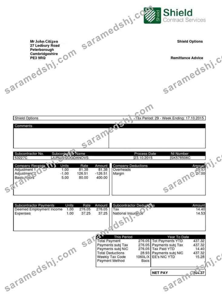 UNITED KINGDOM SHIELD contract services payslip in Word and PDF formats